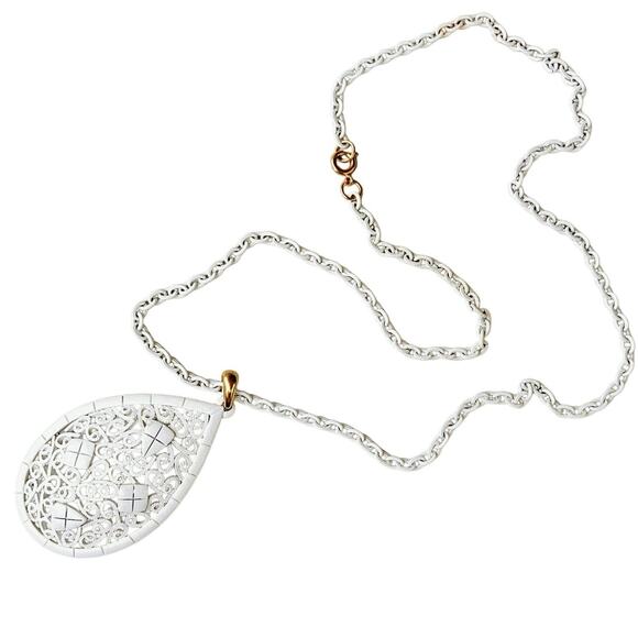 VTG 1960s 1970s Pendant Necklace White Enamel Filigree Mod Statement Jewelry - Picture 4 of 13